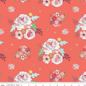 Coral Floral Fabric by the Yard. Quilting Cotton, Organic Knit